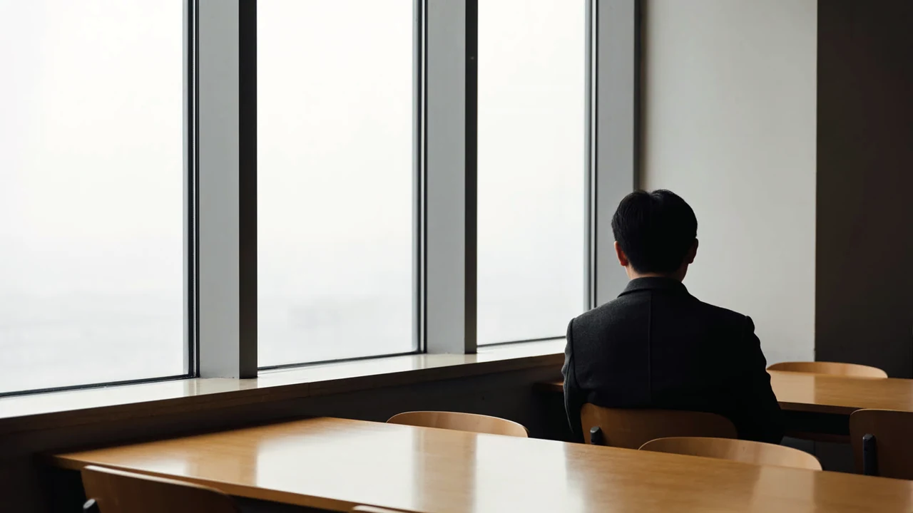 Eine Person sitzt allein an einem Tisch am Fenster