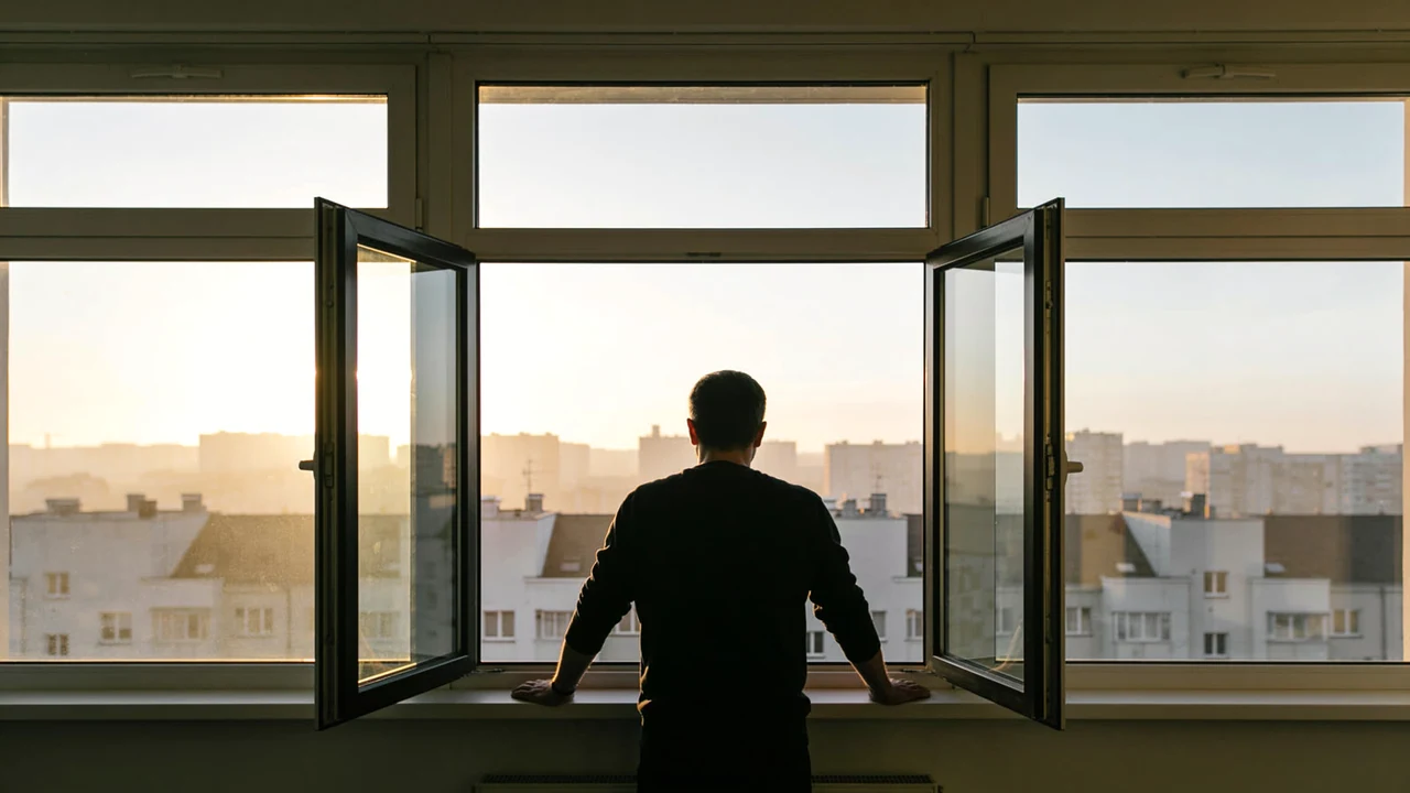 Blick aus einem Fenster über die Dächer am Morgen